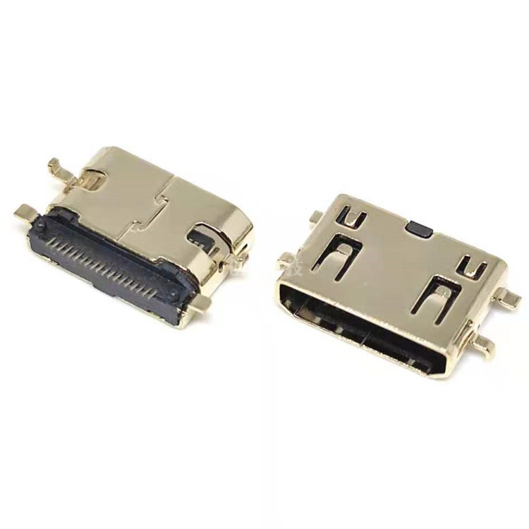 MINI HDMI 19PIN沉板0.8MM母座 前插后貼SMT 有柱 長L=7.5MM 鍍金